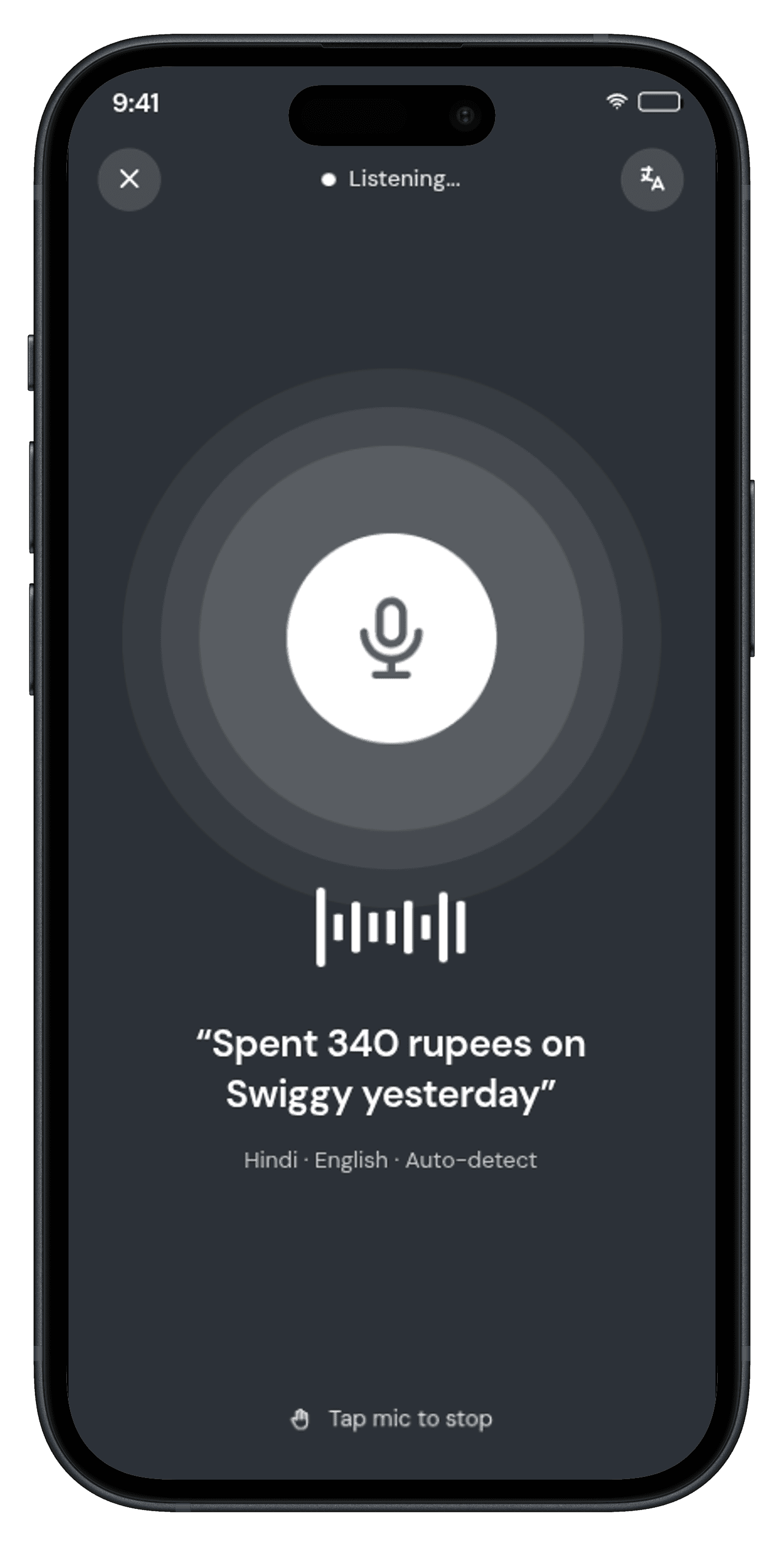 Voice logging screen showing mic input and expense confirmation